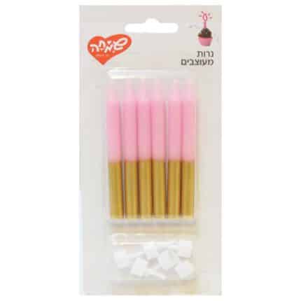 נרות ורוד עם גליטר זהב 6 יח