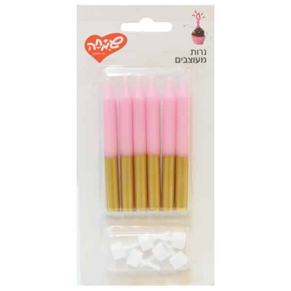 נרות ורוד עם גליטר זהב 6 יח – תמונה 1