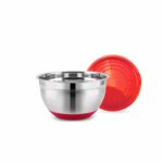 קערת ערבוב נירוסטה בסיס סיליקון אדום עם מכסה 26*12 סמ