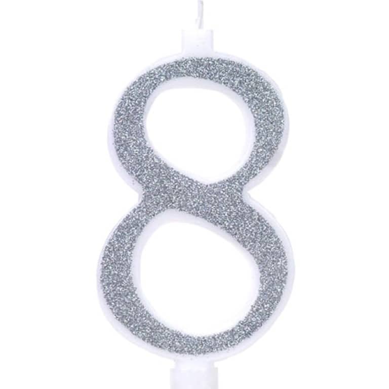 נר מספר ענק נצנצים כסף ולבן 8 – תמונה 1