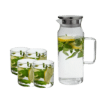 סט קנקן זכוכית עם מכסה 1.5 ליטר+4 כוסות 320 מ"ל