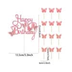 13 טופרים מנצנצים לעוגה 12 פרפרים וטופר HAPPY BIRTHDAY צבע ורוד